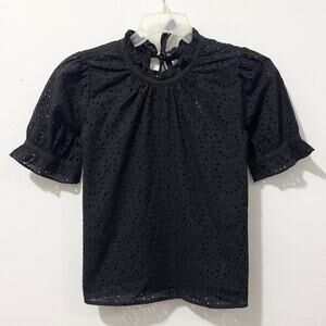 NWT: Madewell - Women's Black, Ruffle Neck, Short Sleeve, Eyelet Blouse (XS)